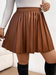 SHEIN Frenchy Kích thước lớn Màu thuần Chân Váy xếp ly - Cà phê nâu - Xem 3