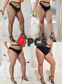 4pcs/pack Plus Size Fishnet Stockings - Black - View 4