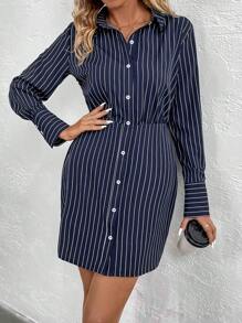 SHEIN LUNE 條紋羈扣休閒長袖連身裙 - 彩色 - 查看 3