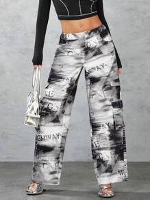SHEIN BAE Men's Full-Print Newspaper Pattern Low Waist Cargo Pants With 3D Pockets - Black and White - View 6