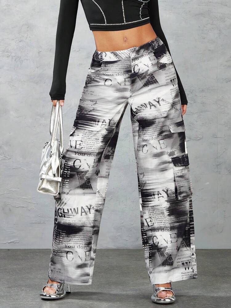 Men's Full-Print Newspaper Pattern Low Waist Cargo Pants With 3D Pockets