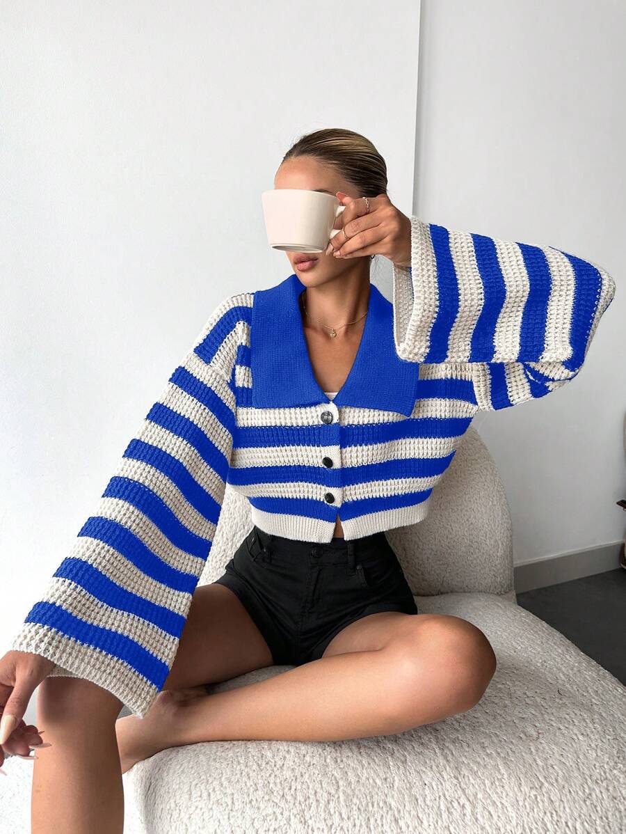 EURMUSE Women's Striped Bell Sleeve Cardigan - MultiWarna - View 1