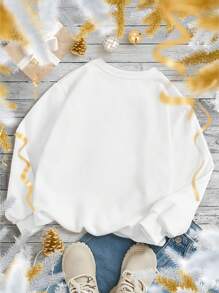 適用於秋冬季的青少年女孩圓領長袖休閒運動衫,印有2024新年印花圖案