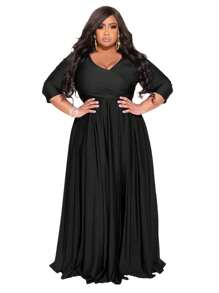 Vestido elegante negro de primavera con cuello en V y volantes para mujer talla grande - Negro - Ver 6