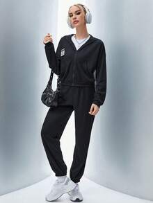 SHEIN Unity Women's Monogrammed Waffle Placket Hooded Sweatshirt And Sweatpants Set - Black - View 5