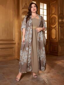 Al Najma 大碼花卉印花外套和露背連衣裙套裝 - 卡其色 - 查看 3