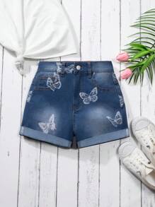 Tween Girl Casual Streetwear Butterfly Print Stretch Rolled Hem Denim Shorts, School, Campus, College
