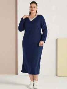Mulvari Plus Size Contrast Neckline Dress - Navy Blue - View 1
