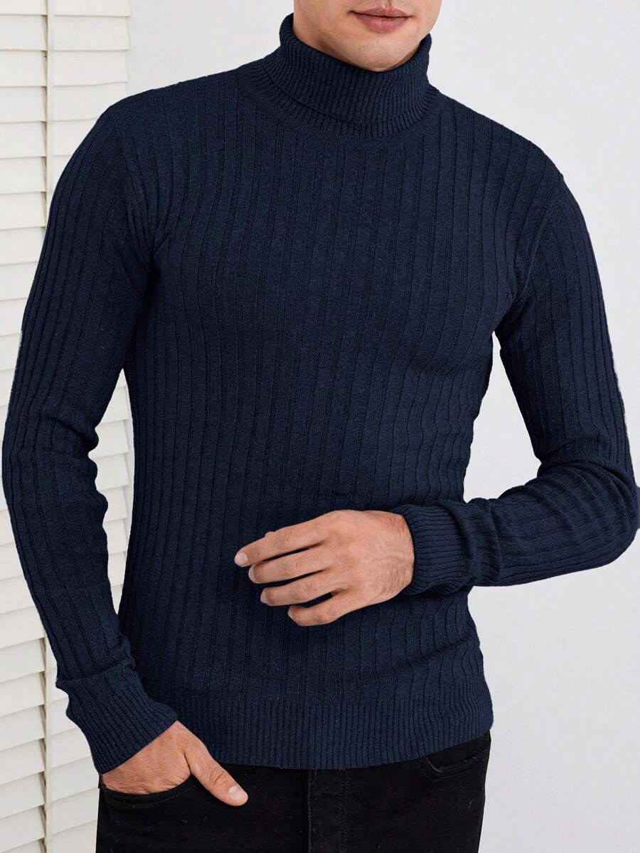 SHEIN Cottnline Men's Solid Color Turtleneck Sweater - Royal Blue - View 1