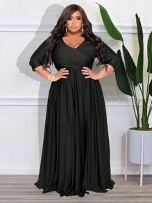 Vestido elegante negro de primavera con cuello en V y volantes para mujer talla grande - Negro - Ver 3