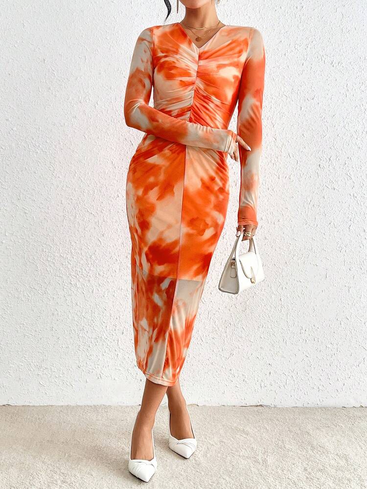 V-neck Tie Dye Dress With Waist Pleats