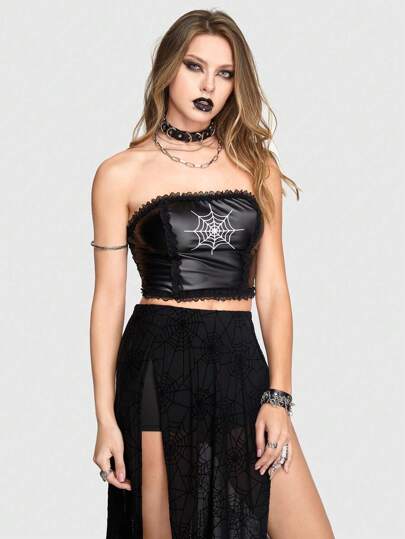 ROMWE Gothic Spider Web Lace Patchwork Women Tube Top
