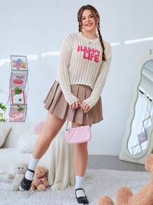 SHEIN EZwear Sweatshirt-pullover In Übergröße Mit Buchstabenmuster, Fallenden Schultern Und Hohlem Design - Beige - Übersicht 6