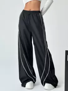 SHEIN EZwear 高腰寬腿休閒長褲 - 黑色 - 查看 3