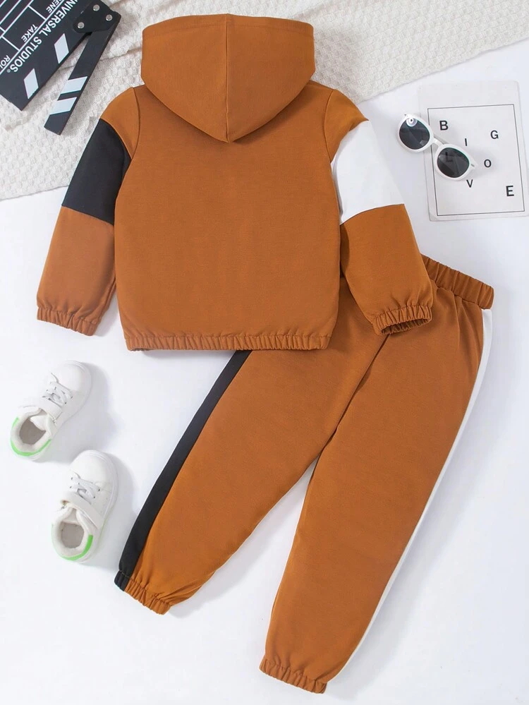 Little Girls' Contrast Color Hooded Zipper Sweatsuit Set With Pants