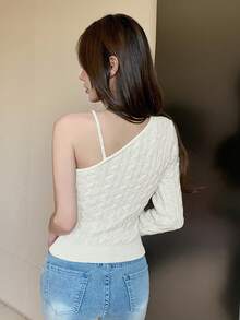 DAZY Áo len dài tay hở một bên vai dành cho nữ - trắng - Xem 2