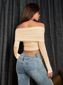 SHEIN Unity 女士長袖領口露肩上衣,具有褶皺設計 - 杏色 - 查看 2