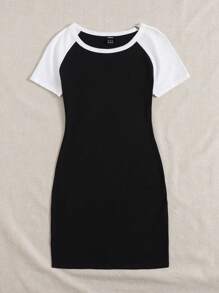SHEIN EZwear Colorblock Raglan Sleeve Bodycon Dress - Black and White - View 3