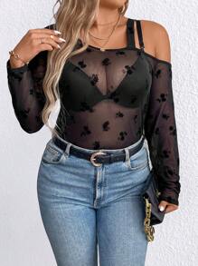 SHEIN Clasi 大尺碼女士提花網眼不對稱領口上衣 - 黑色 - 查看 4