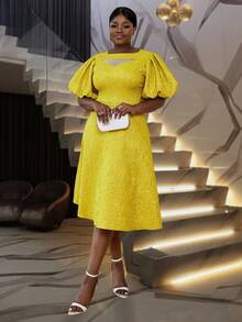 大码女式圆领短款泡泡袖 A 字形紧身连衣裙 - 黃色 - 查看 5