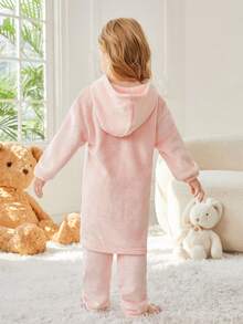 Toddler Girls' Cartoon Animal Print Hooded Thermal Home Wear Set - Pink - View 2