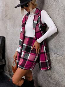 SHEIN Clasi Two Piece Set: Turn Down Collar Plaid Vest Coat And Skirt - Hot Pink - View 6