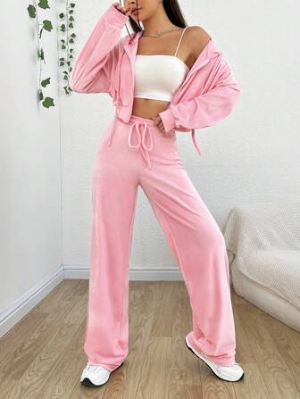 SHEIN EZwear Zipper Front Hooded Jacket And Pants Set