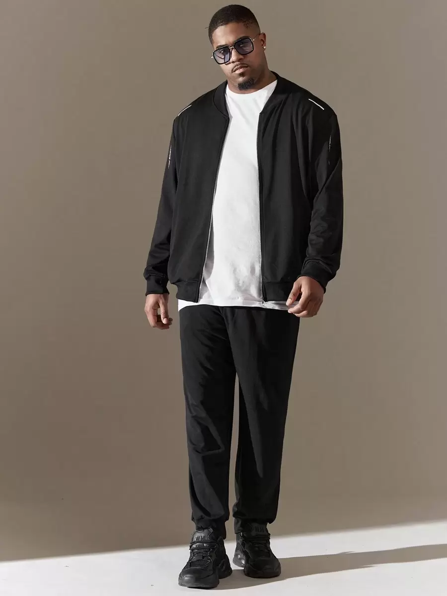 SHEIN Manfinity Homme Nam Kích thước lớn Giải trí Dây kéo Áo khoác Và Quần Bộ - màu đen - Xem 1