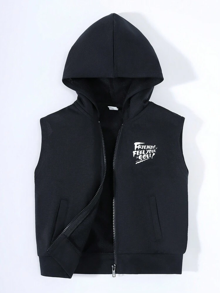 Young Boys' Casual Comfortable Sleeveless Sweatshirt With Slogan Print