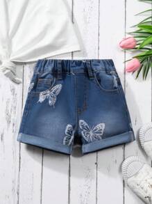 幼童女孩蝴蝶印花牛仔短褲 - 中等水洗藍 - 查看 1