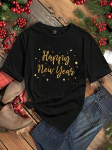 SHEIN EZwear 女款標語印花 T 卹 - 黑色 - 查看 1