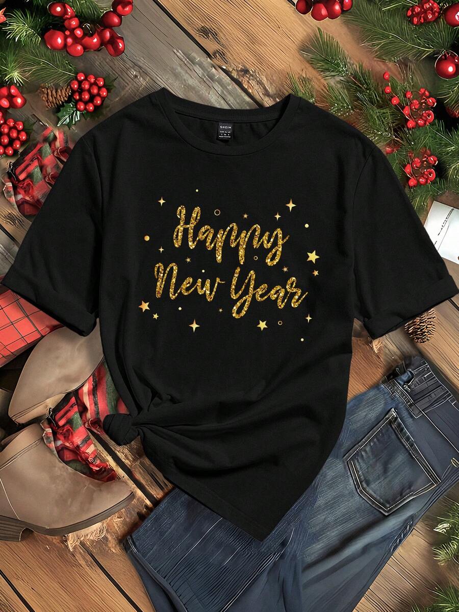 SHEIN EZwear 女款標語印花 T 卹 - 黑色 - 查看 1