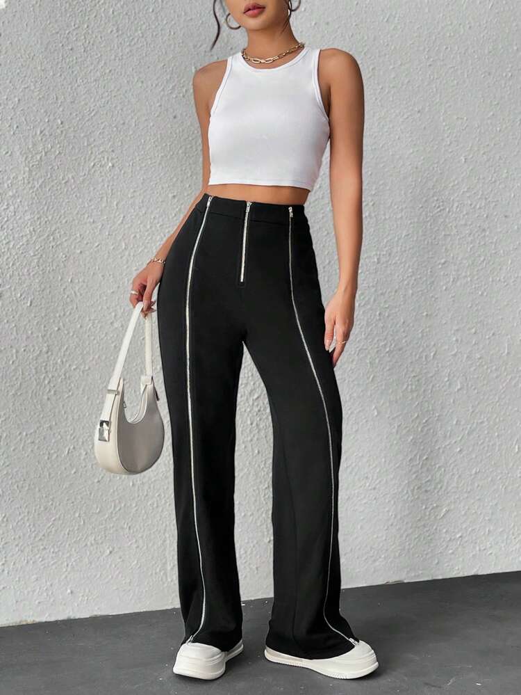 High-Waisted Pants With Front Zipper