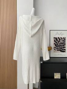 Flirla Plus Size White Long Sleeve Hooded Casual Sweater Dress - White - View 2