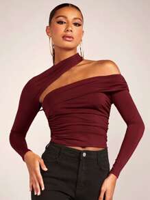 SHEIN BAE 纯色不对称领口落肩上衣 - 酒紅色 - 查看 1
