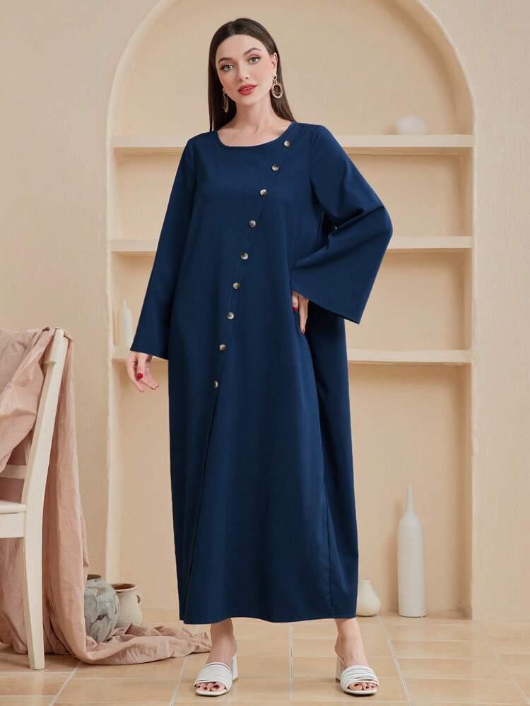 Solid Color Long Sleeve Dress With Mock Buttons