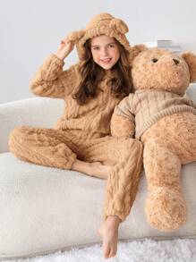 SHEIN Tween 女童都會風格針織純色雙面抓絨連帽連身褲 - 駝色 - 查看 1