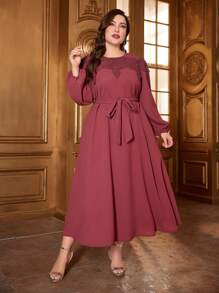 Seusyu 大尺碼刺繡燈籠袖腰帶連衣裙 - 紅木色 - 查看 5