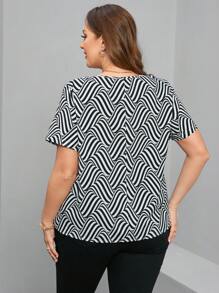 Chikora Summer Shirts Plus Size Short Sleeve Summer Blouse With Notched Lapel - Black and White - View 2