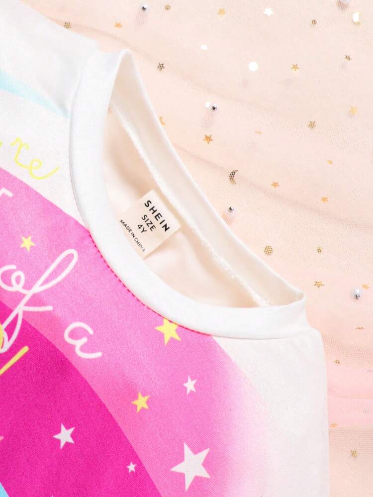 2pcs/Set Toddler Girls' Adorable Unicorn Print Round Neck Short Sleeve T-Shirt And Digital Printed Shorts Casual Outfits For Spring/Summer