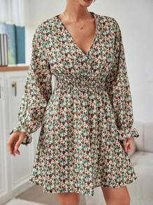 EURMUSE Women's Floral Print Surplice Neckline Ruffle Sleeve Dress - Multicolor - View 5