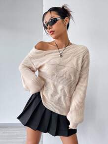 Flirla 女士不对称领休闲针织套头衫秋冬毛衣 - 卡其色 - 查看 1