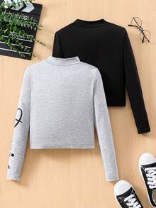 SHEIN Girls' Sporty & Sweet Knit Stand-Up Collar Long Sleeve T-Shirt - Light Grey - View 2