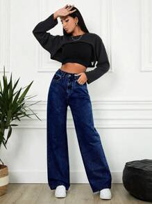 SHEIN Cottnline High Waisted Straight Leg Jeans - Dark Wash - View 2