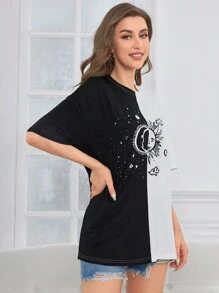 SHEIN Unity Color Block Sun & Moon Graphic Drop Shoulder Tee - Black and White - View 5