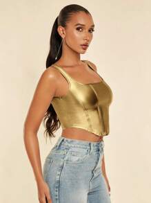 SHEIN BAE 夏季實色PU皮革背心 - 金色 - 查看 6
