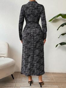 SHEIN Privé Women's Slim Fit Plaid Stand Collar Dress - Multicolor - View 2