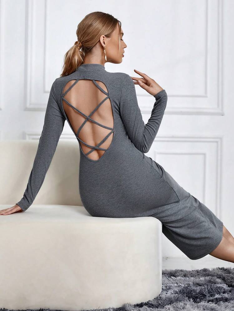 Backless High Neck Long Sleeve Dress
