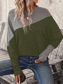 SHEIN LUNE Tương phản Màu sắc tay cánh Giải trí Áo nỉ - xanh quân đội - Xem 6