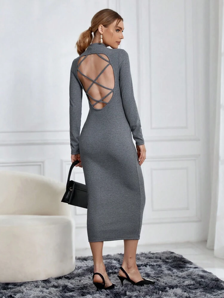 Backless High Neck Long Sleeve Dress
